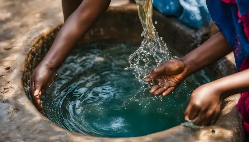 Mains recueillant l'eau d'un bassin alimenté par un filet d'eau